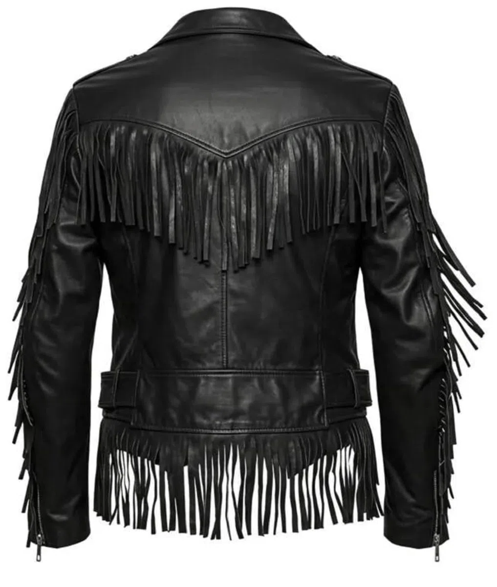 Chaqueta de cuero negro con flecos para hombre, estilo vaquero vintage occidental