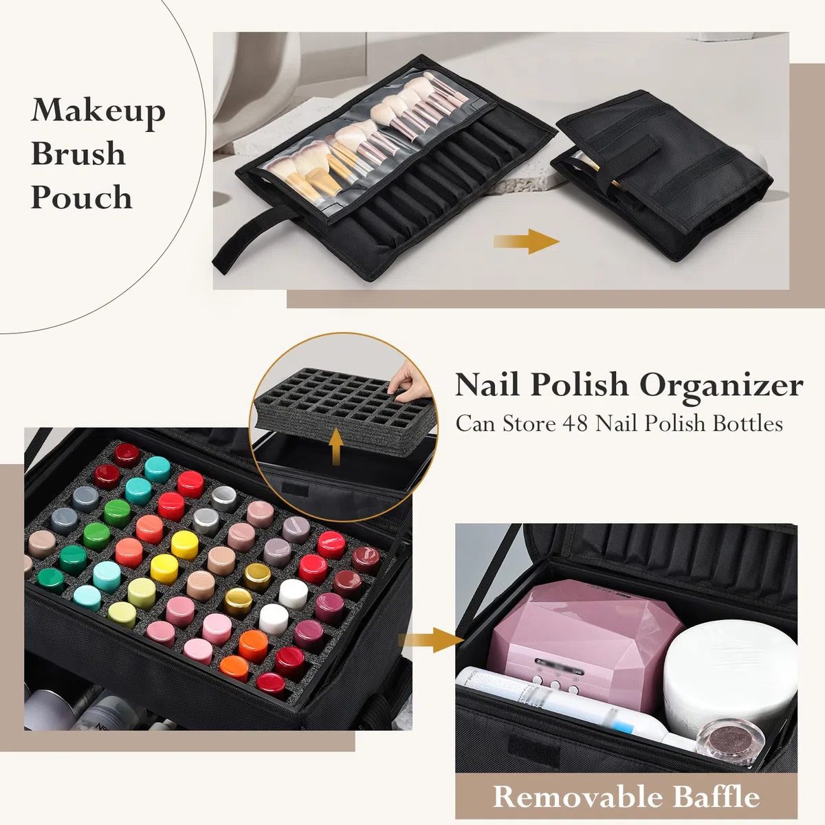 Maleta Maquillaje con Ruedas Maletín de Maquillaje Profesional 4 en 1 Maletin Peluqueria en Tela Oxford Carro de Maquillaje con 3 Cajones Caja Maquillaje, Esteticista y Manicurista, Negro