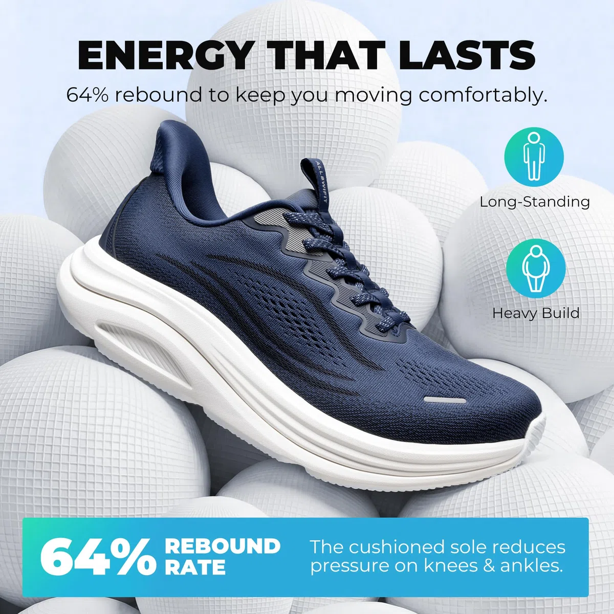 ALLSWIFIT Zapatos deportivos para hombre, sin cordones, con puntera ancha, para caminar, con cojín para correr, tenis, soporte para el arco, gimnasio, entrenamiento, atlético, a la moda, Azul, 44.5 EU