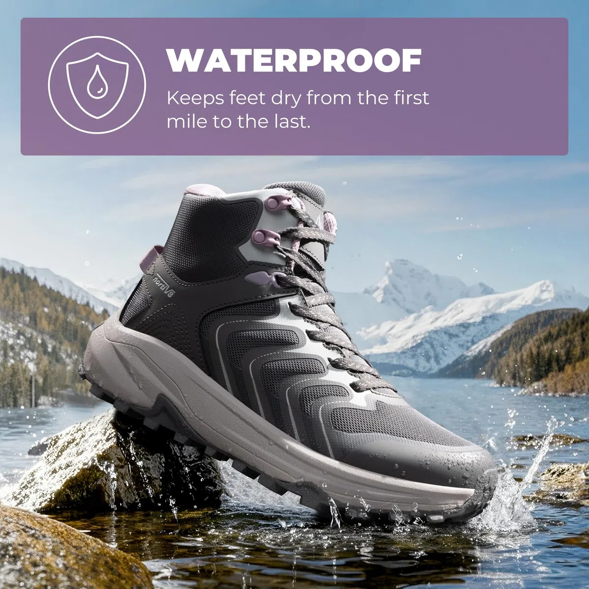 NORTIV 8 Botas de senderismo para mujer, impermeables, con soporte de arco, tenis para caminar al aire libre, cómodas, ligeras, botas Echo Mid