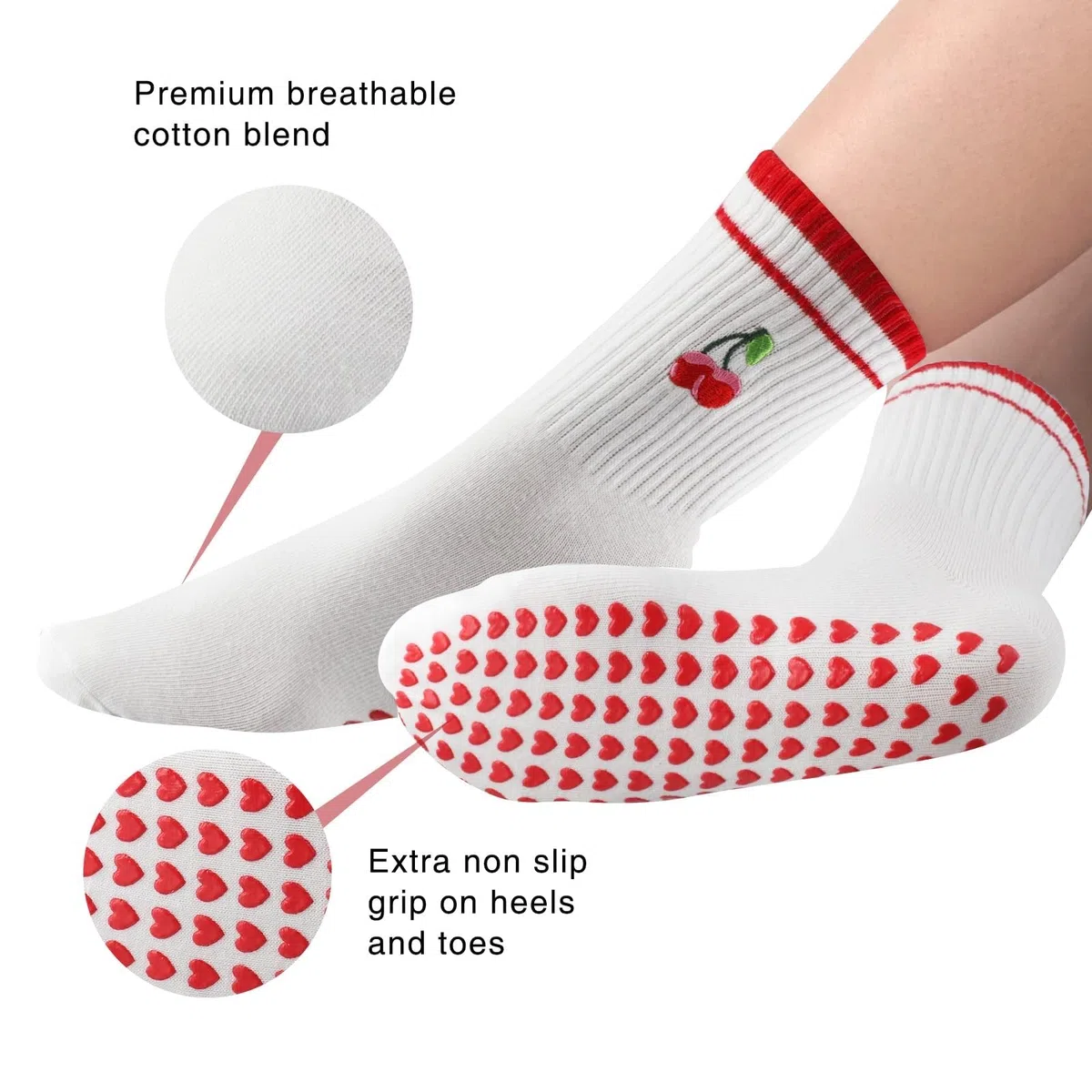 Calcetines Pilates Mujer Antideslizantes 4 Pares De Manguito Ruffle Cereza Bordado Yoga Agarre para Las Mujeres, Antideslizante Medio Ternera Barre Y Entrenamiento-6 Pairs