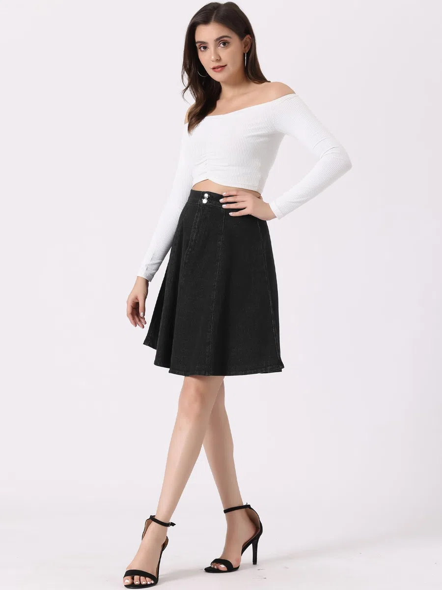 Allegra K Falda De Mezclilla Midi Casual Plisada Acampanada De Cintura Alta para Mujer