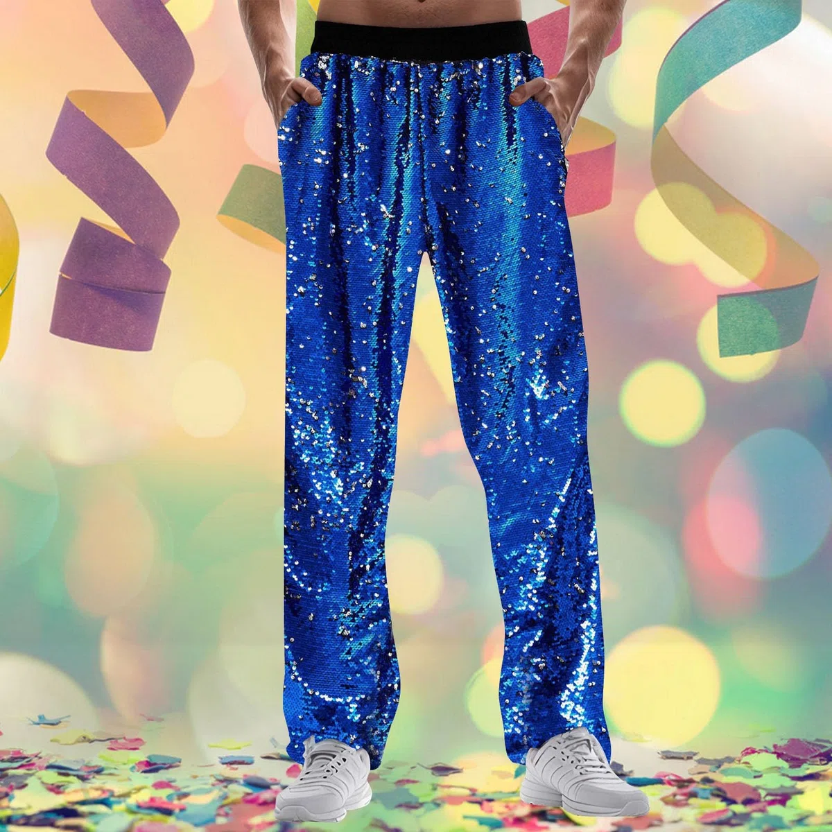 Pantalones de chándal para hombre, para carnaval, especiales, brillantes, informales, con pierna ancha, para festival, moda, comercio exterior, holgados, cómodos, azul, M