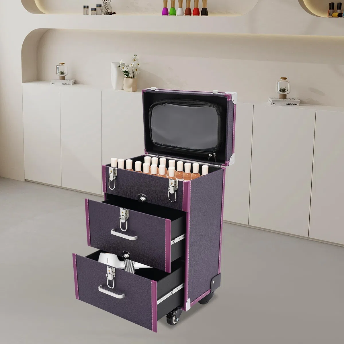 Estuche para cosméticos con Ruedas de Gran Capacidad, Estuche de Viaje con Ruedas, Caja de Almacenamiento móvil, Estuche de Maquillaje Multifuncional, Organizador de Herramientas