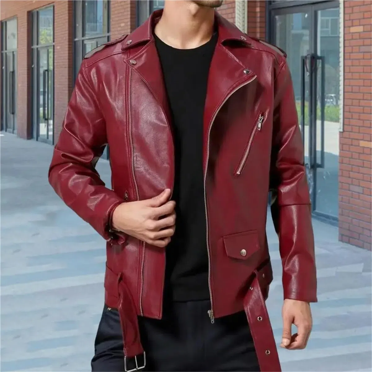 Chaqueta Cuero Mujer Chaqueta de piel sintética for hombre, estilo moderno, corte entallado, con cremallera diagonal y ajuste cinturón Para salir