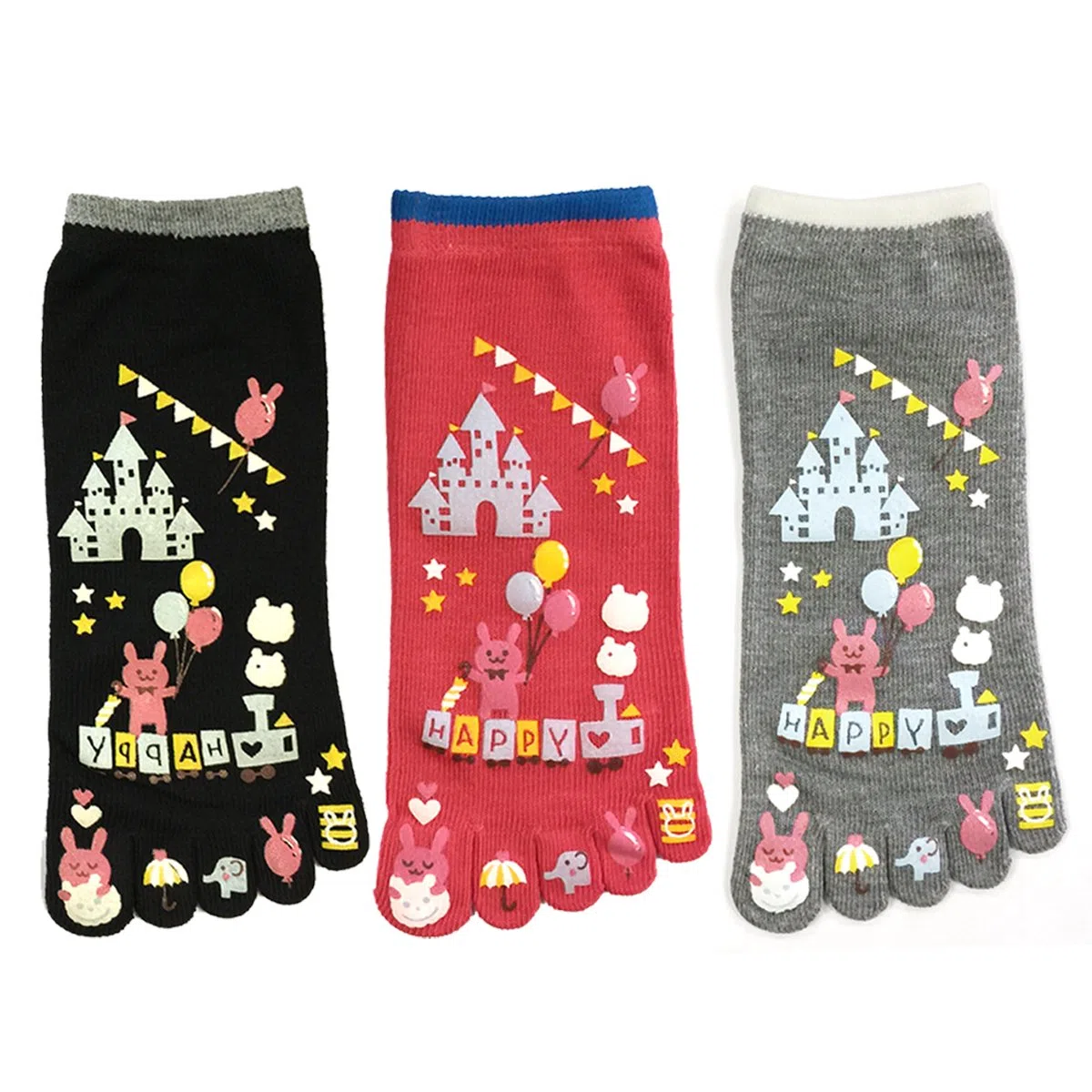 Wrapables Amusement Park Five Finger calcetines de dibujos animados calcetines de cinco dedos Set de 3, negro / rojo / gris