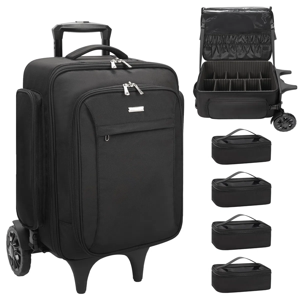 Estuche de cosméticos enrollable con 4 pequeños neceseres - Organizador de cosméticos de viaje grande con 2 ruedas grandes, mochila profesional para artista cosmético, color negro