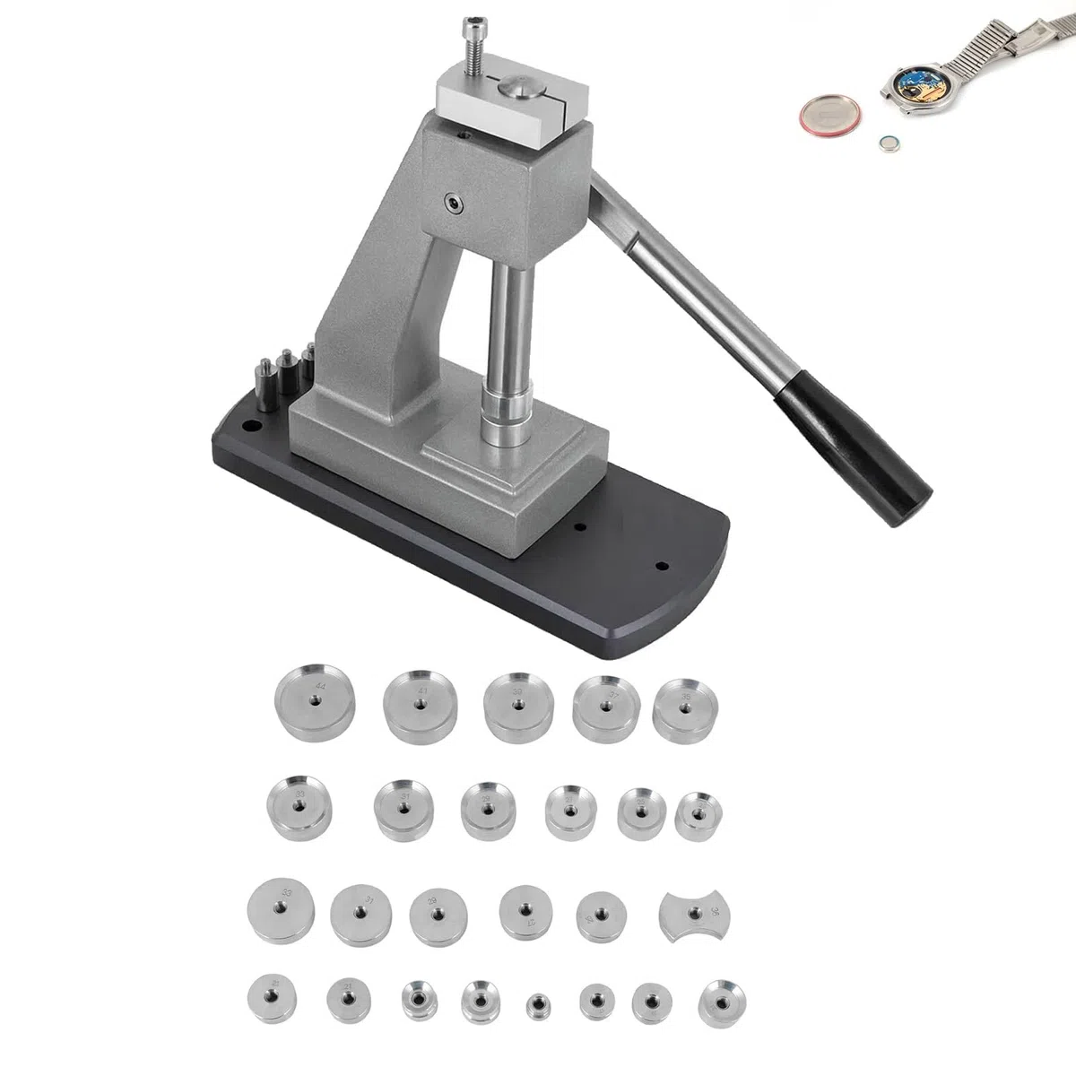 Kit de herramientas de prensa de reloj con 25 troqueles de aluminio, base de aleación de aluminio para cierre trasero de reloj y reemplazo, ideal para talleres de reparación y entusiastas