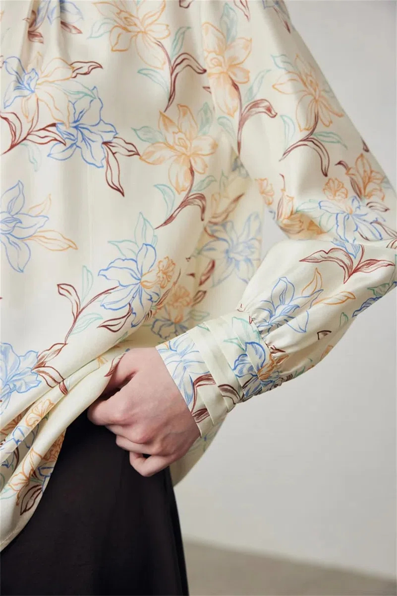 Blusas florales para mujer, 100% seda real, cuello redondo, manga larga, elegante