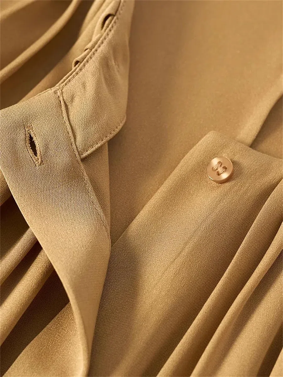 Camisas lisas para mujer, plisadas, cuello redondo, manga larga, camisa de gasa para oficina y trabajo