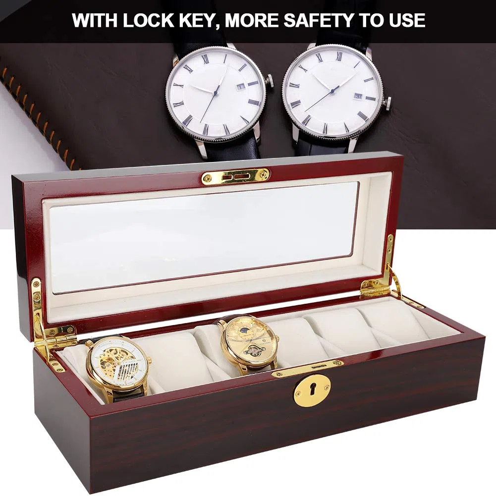 Caja de almacenamiento para relojes con llave, vitrina de madera de 6 rejillas para coleccionistas, organizador seguro para relojes de lujo, protector duradero para