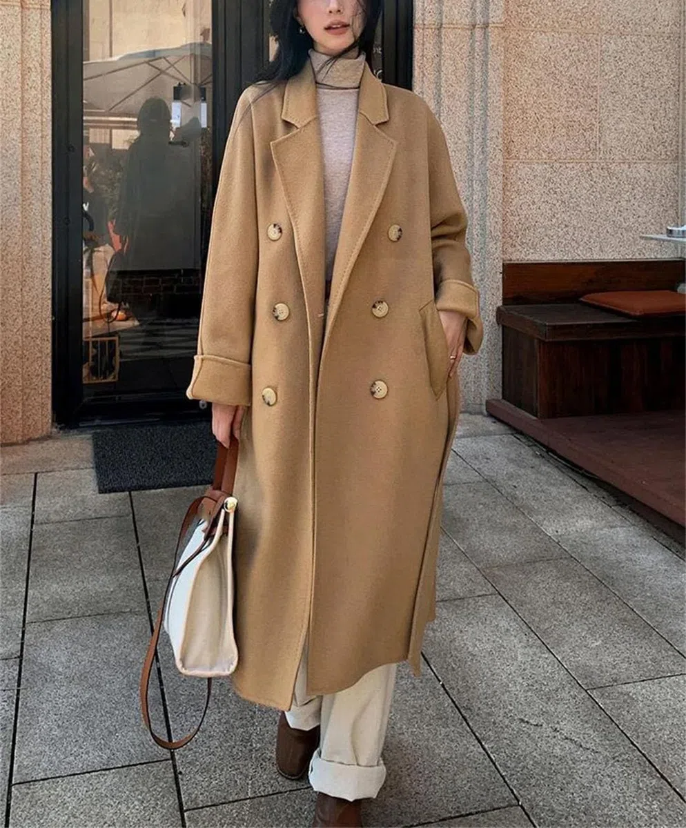Abrigo clásico de lana reversible de cachemira para mujer, abrigo largo de lana para invierno, rompevientos casual con cinturón