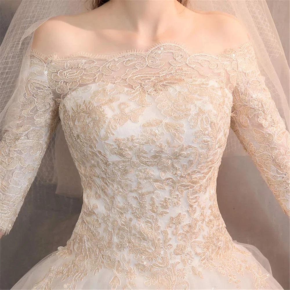 Vestido de Novia Y Dama de Honor Vestido de Noche Femenino de Manga Larga Bordado de Chiffon de Cintura Alta, Blanco, m