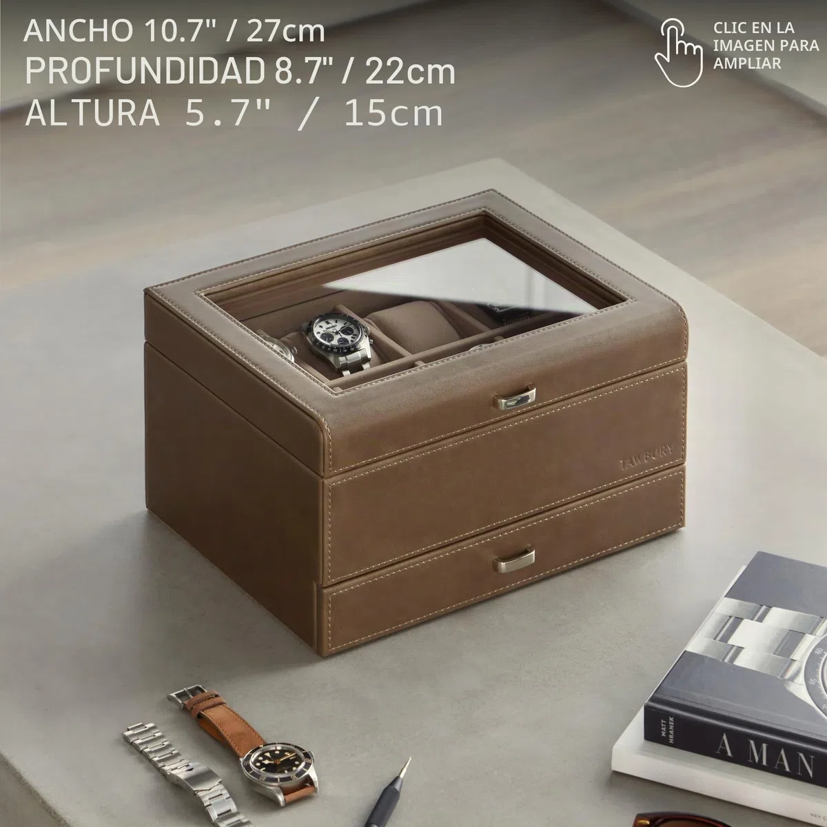 TAWBURY Caja de reloj de 8 ranuras, unisex, con cajón de almacenamiento, pantalla de cristal real y almohadas extra anchas para relojes grandes (gris pardo)