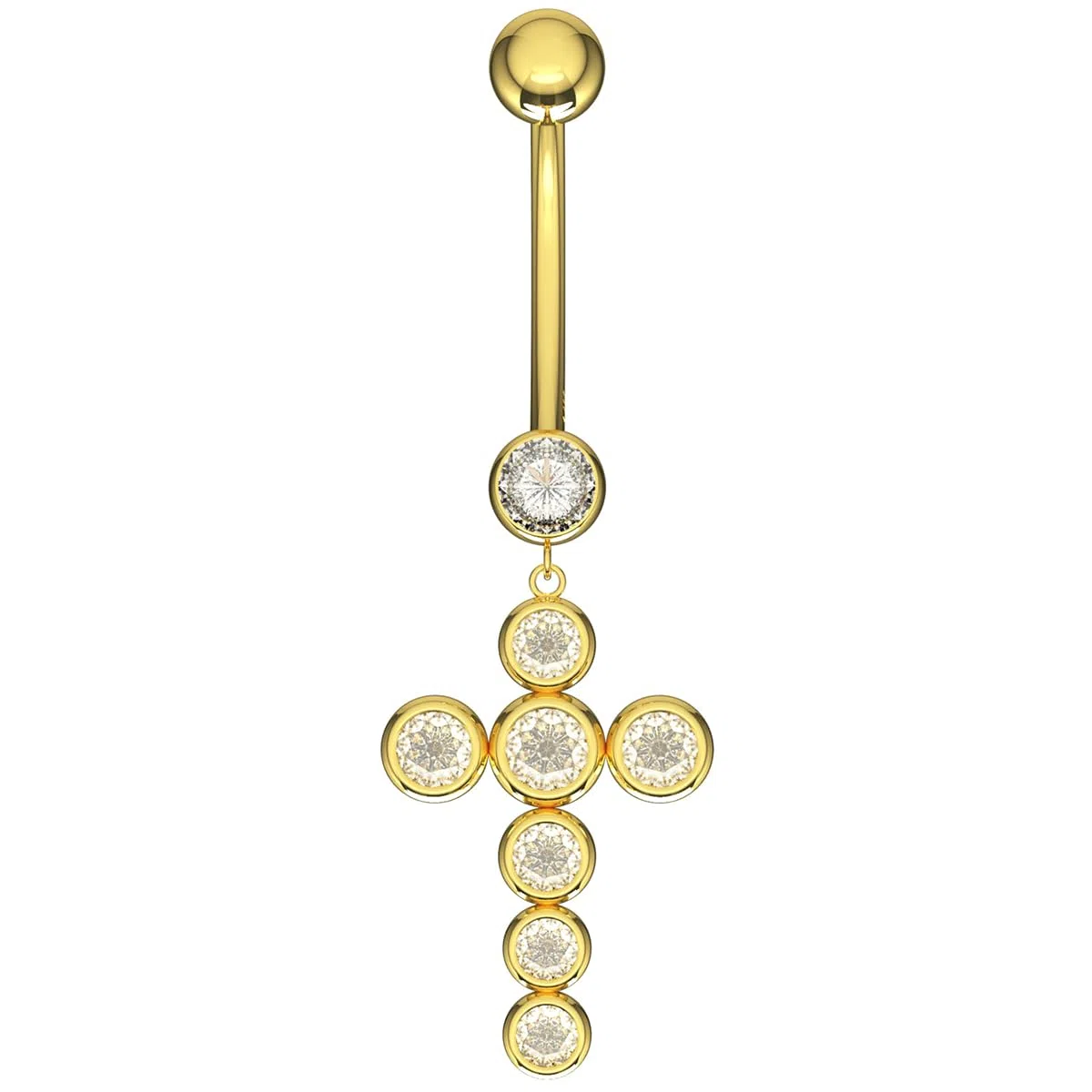 Piercing para ombligo de oro amarillo macizo de 14 quilates con circonita cúbica y cruz colgante – joyería para el ombligo de 14 quilates – Piercing para el ombligo calibre 14, 14 Gauge