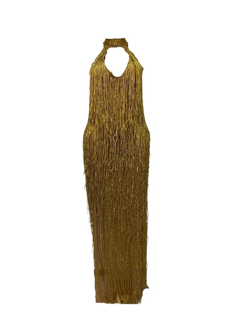 Vestido Flecos Vestido Sexy Dorado con borlas de Cristales Brillantes for Mujer, Vestido Elegante for graduación, Fiesta Noche, Club Nocturno, Vestidos for sesión Fotos cumpleaños(S)
