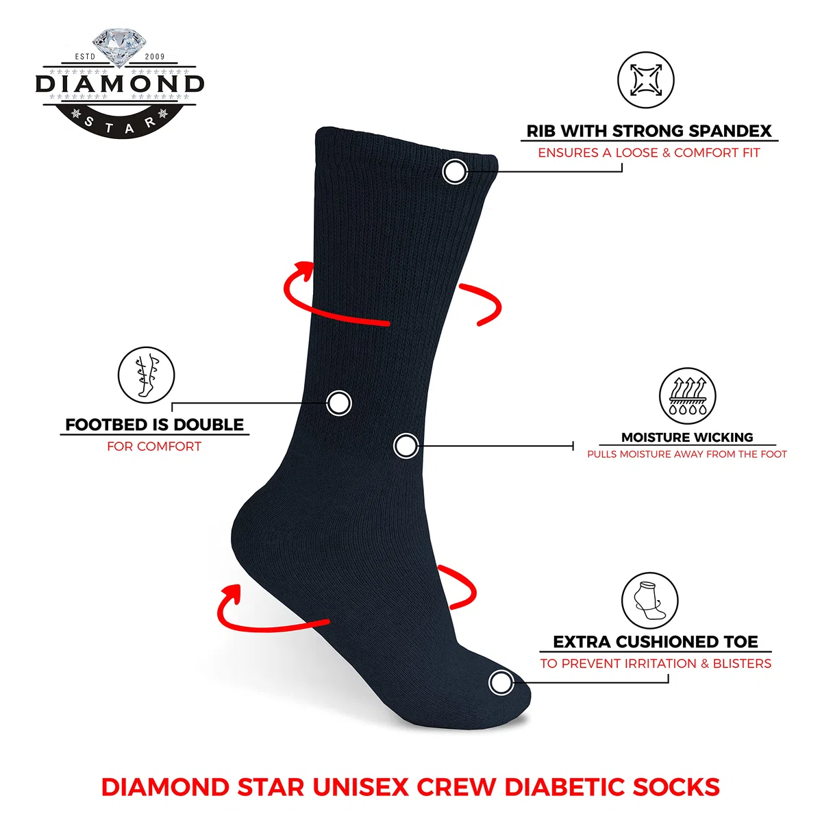 Diamond Star Calcetines para diabéticos, cojín circulatorio no vinculante, calcetines de algodón para diabéticos para hombres y mujeres