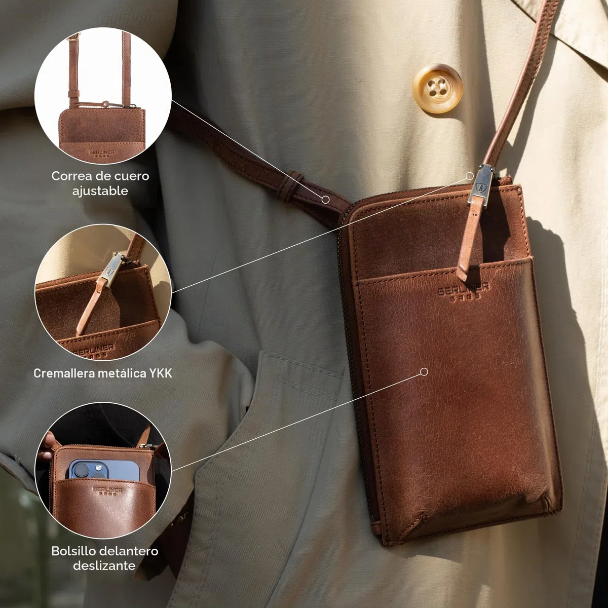Berliner Bags Kim Bolso Bandolera de Piel Auténtica con Compartimento para Móvil y Tarjetas para Mujer y Hombre, Pequeño, Elegante y Práctico