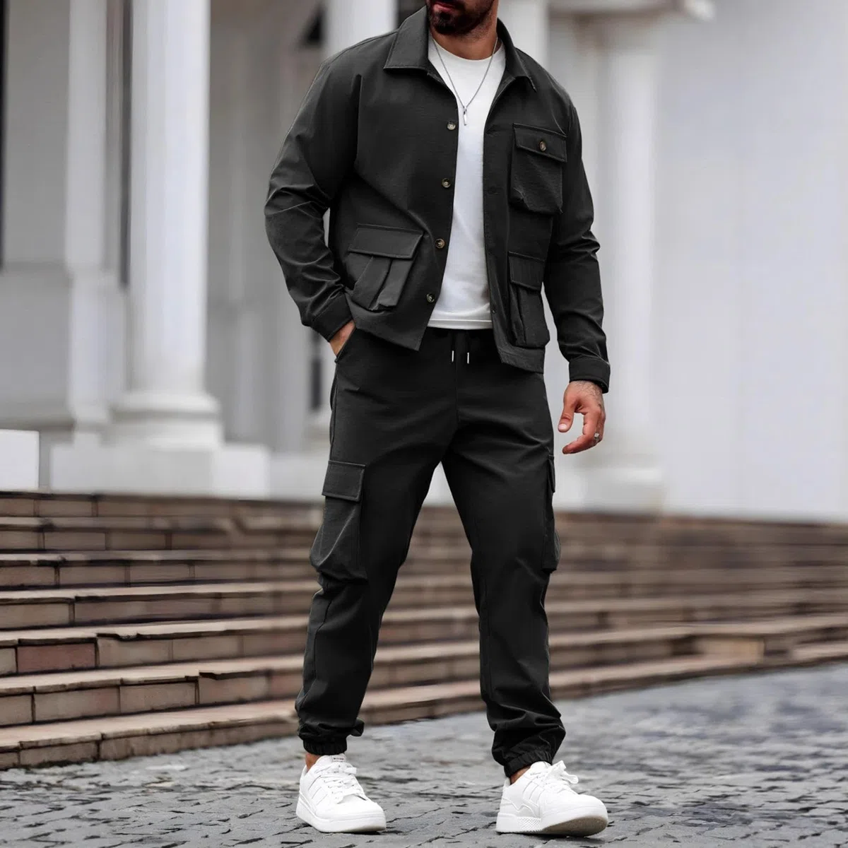 Conjunto De Cargo Retro Americano para Hombre con Múltiples Bolsillos, Chaqueta De Un Solo Botón y Pantalones De 2 Piezas