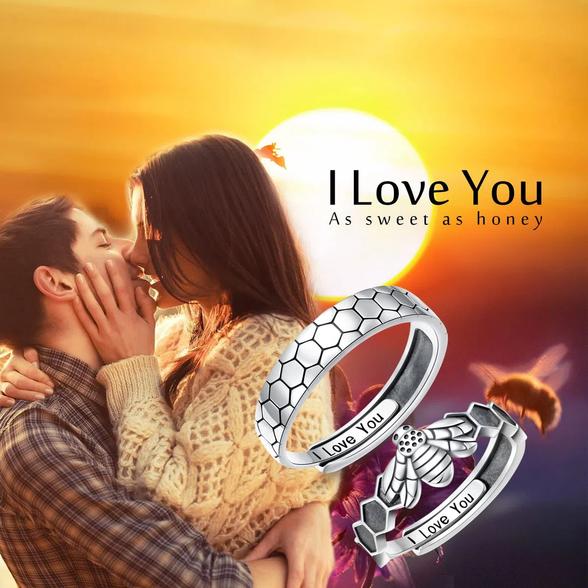 Juego de anillos de pareja de panal de abeja, plata de ley 925, bonito anillo de combinación de animales para parejas, grabado "I Love You", anillo de compromiso ajustable para él y para ella