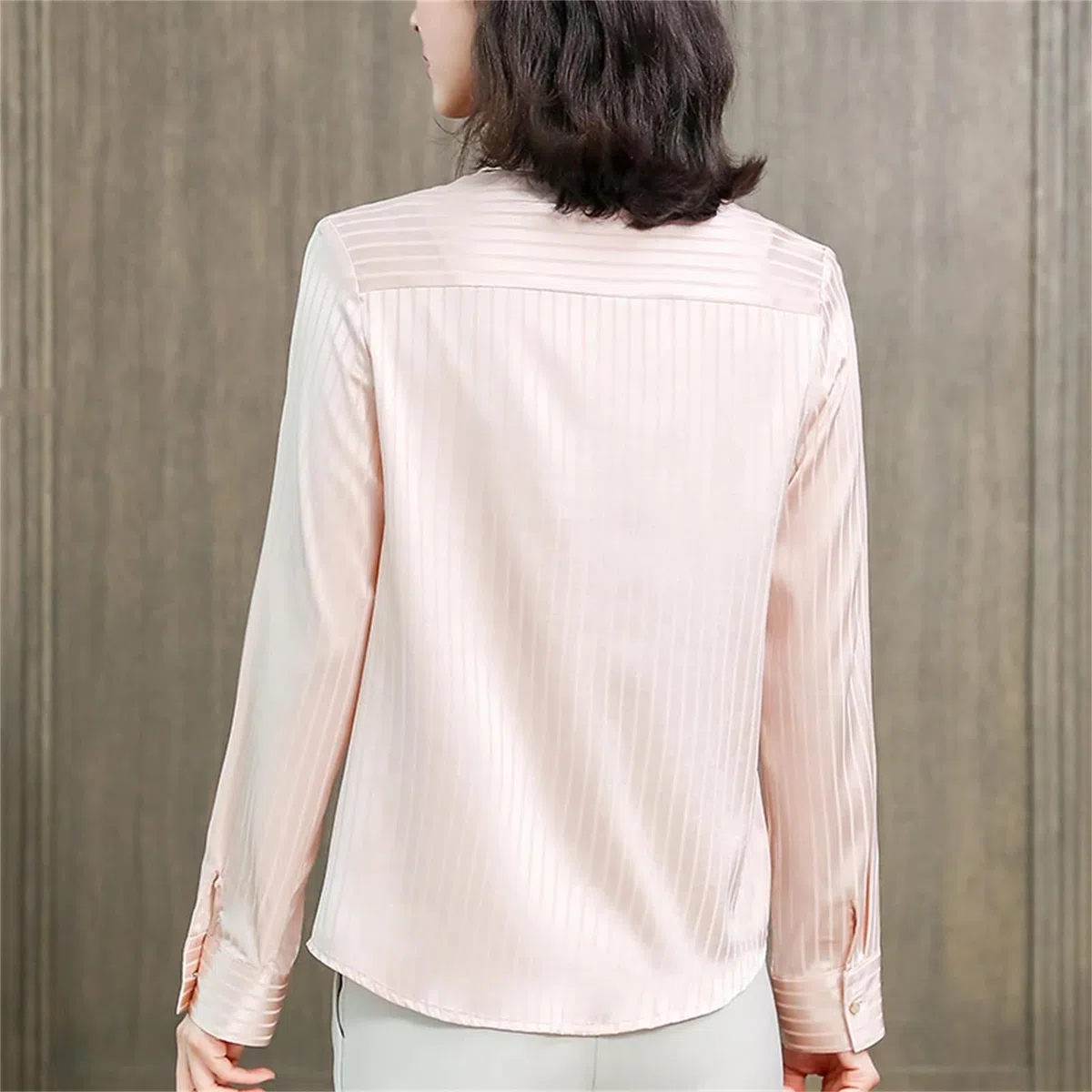 Blusa básica de satén de seda para mujer, cuello vuelto, manga larga, blusa a rayas