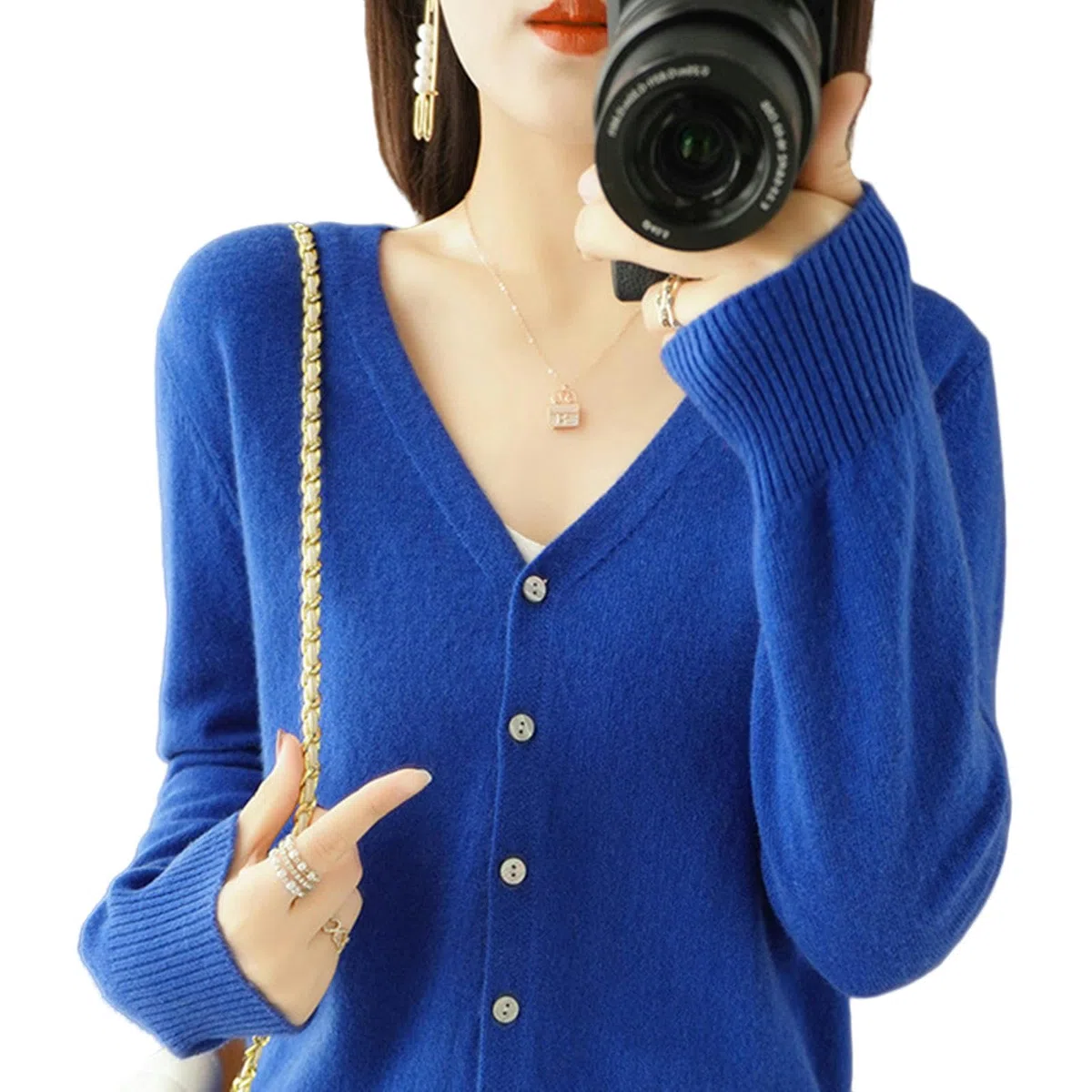 NOGRAX Rebeca Mujer Verano Cárdigans para Mujer, Suéter Tejido con Cuello En V Y Botonadura Única, Prendas De Punto Cortas-Azul-XL (55-65) Kg