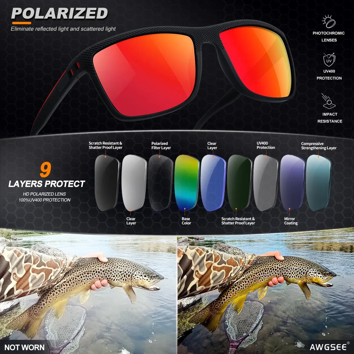 Gafas de sol polarizadas para hombre, protección UV, ligeras, para conducir, pescar, golf