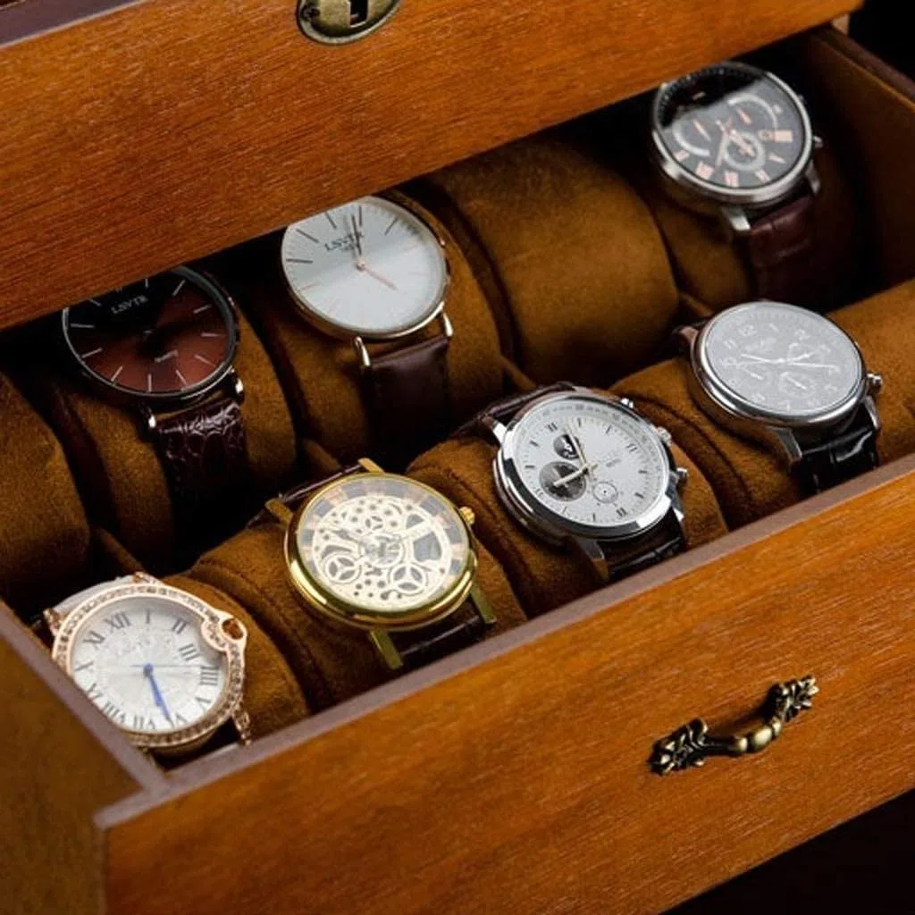 Caja de reloj de 20 ranuras para hombre, organizador de almacenamiento de relojes de doble capa de madera maciza, joyero retro con tapa de cristal