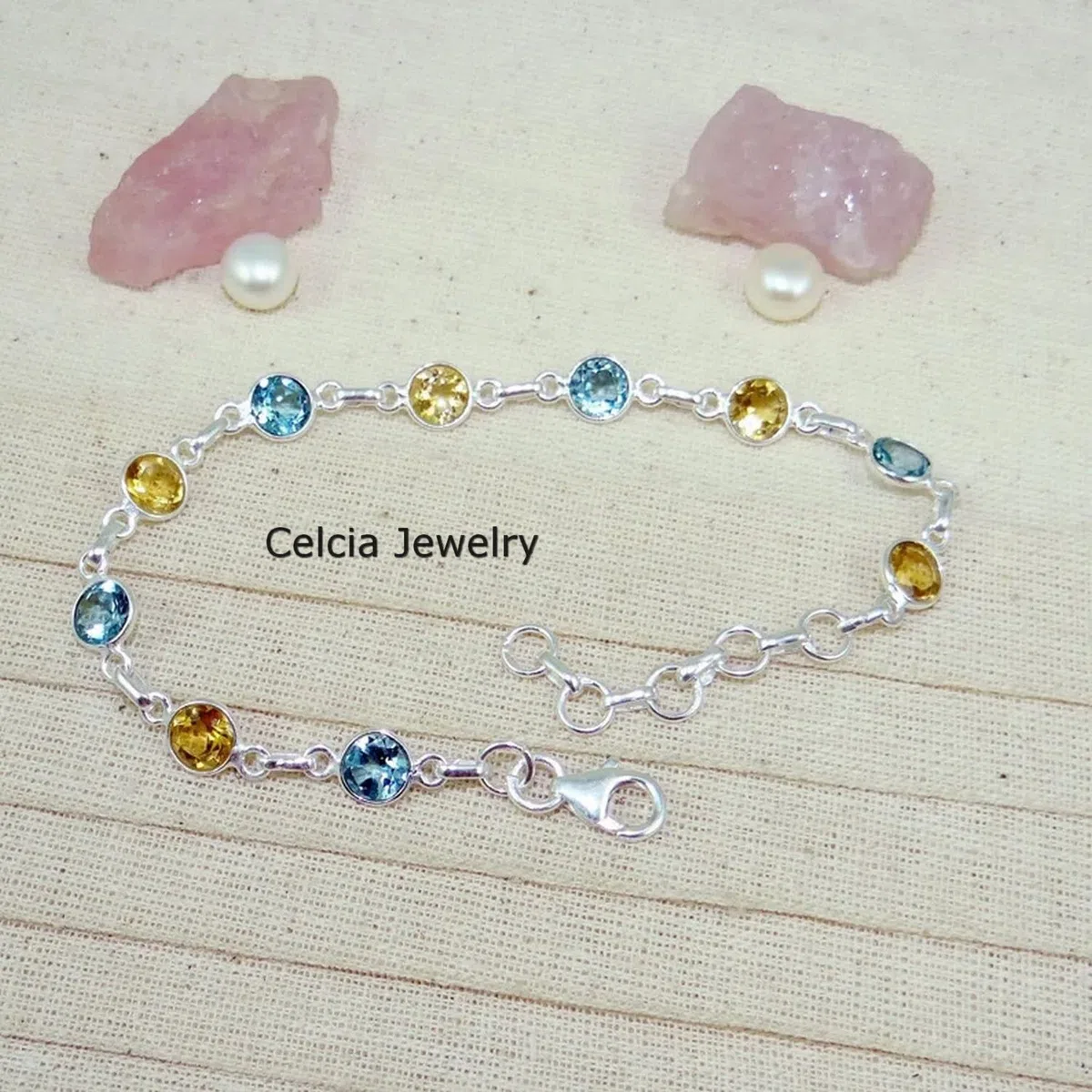 Pulsera de plata de ley 925 maciza para hombres y mujeres, topacio azul genuino y citrino, múltiples piedras preciosas, pulsera única hecha a mano para ella
