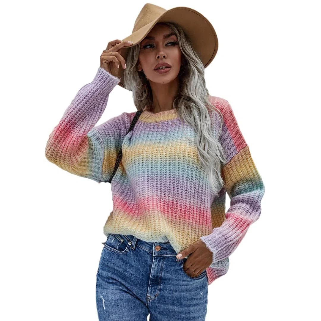 Dninmim Suéter de punto arcoíris para mujer, suéter de gran tamaño, suéter largo para otoño e invierno, a rayas, suelto