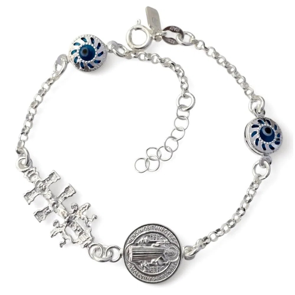 Pulsera Plata Ley 925m de 18cm. Cruz Caravaca 20mm. medalla San Benito 12mm. Ojo Turco 8mm.