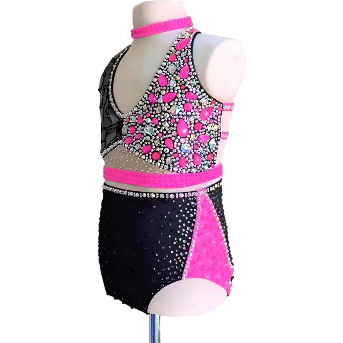 Traje de Danza Lírica Mujer Dos Piezas Cuello Alto con Gemas para Gala