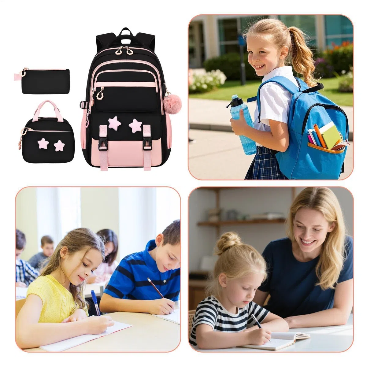 Mochila para niña con con estuche para lápices, diseño de estrella, 3 piezas, Rosa., Siehe Beschreibung, Ver descripción | Bolsa de viaje para estudiantes, cartera, artículos de papelería, ropa, al aire libre, viajes y viajes