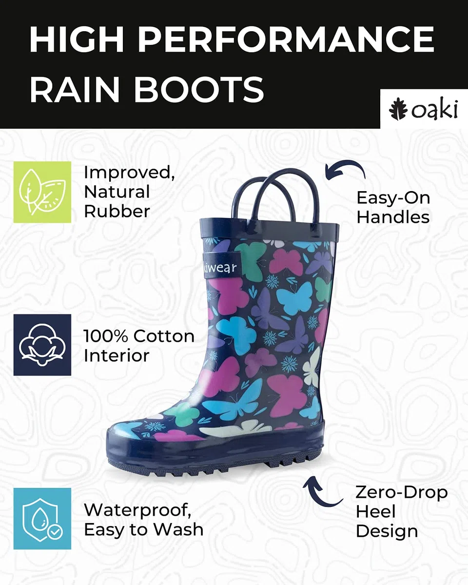 oakiwear Boys – Fácil Botas de Lluvia con Asas de Goma Azul Dinosaurios
