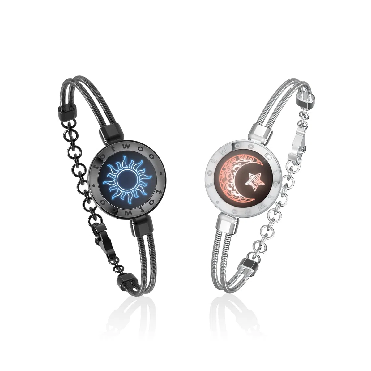 TOTWOO Pulseras de Pareja con Vibración, Iluminación y Toque a Distancia, Emparejamiento Bluetooth Uno a Uno por App, Regalo Romántico para Parejas a Distancia, Acero Inoxidable 316