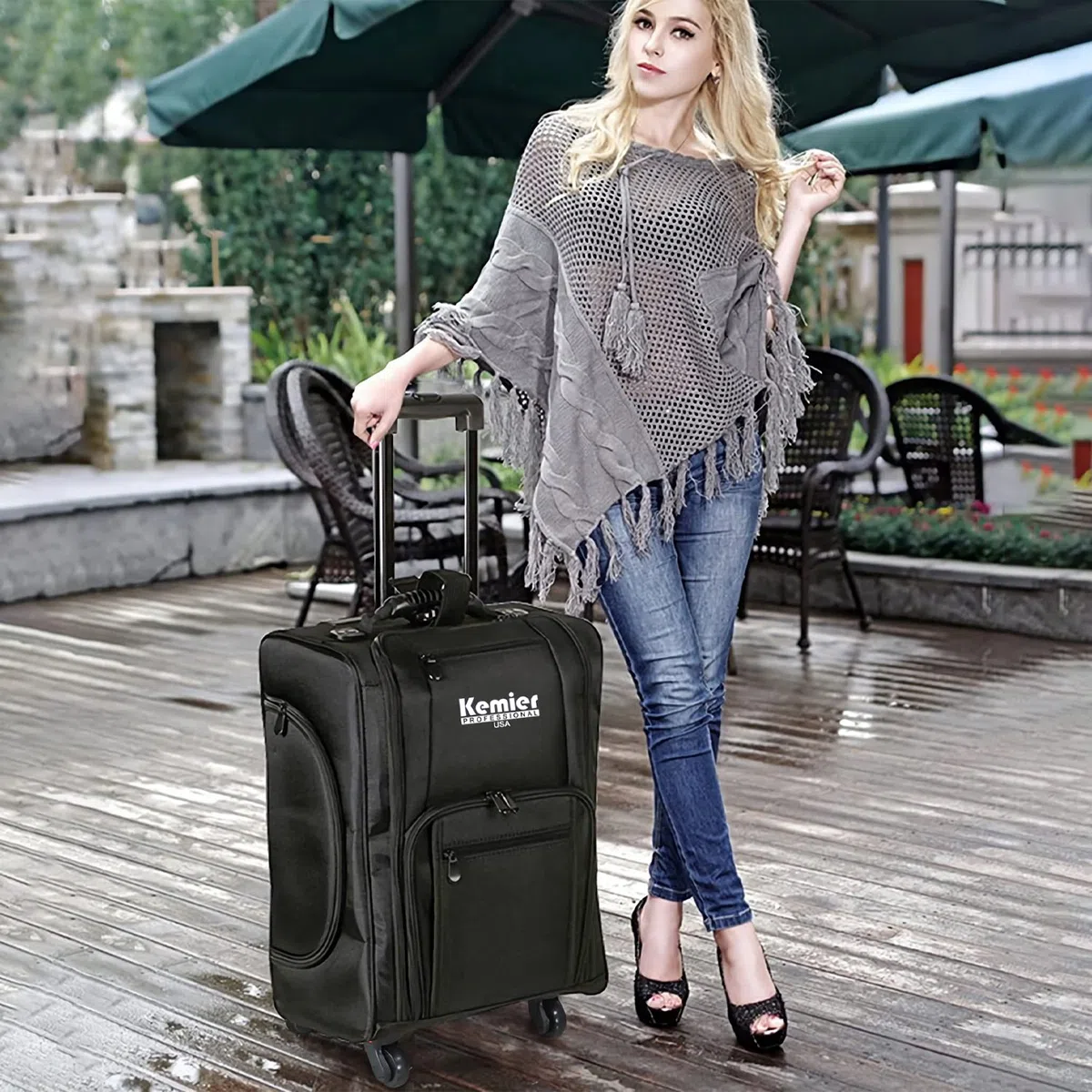 Organizador de Cosméticos Portable, Estuche de Maquillaje con Ruedas de Nylon Suave con Bolsos, Negro