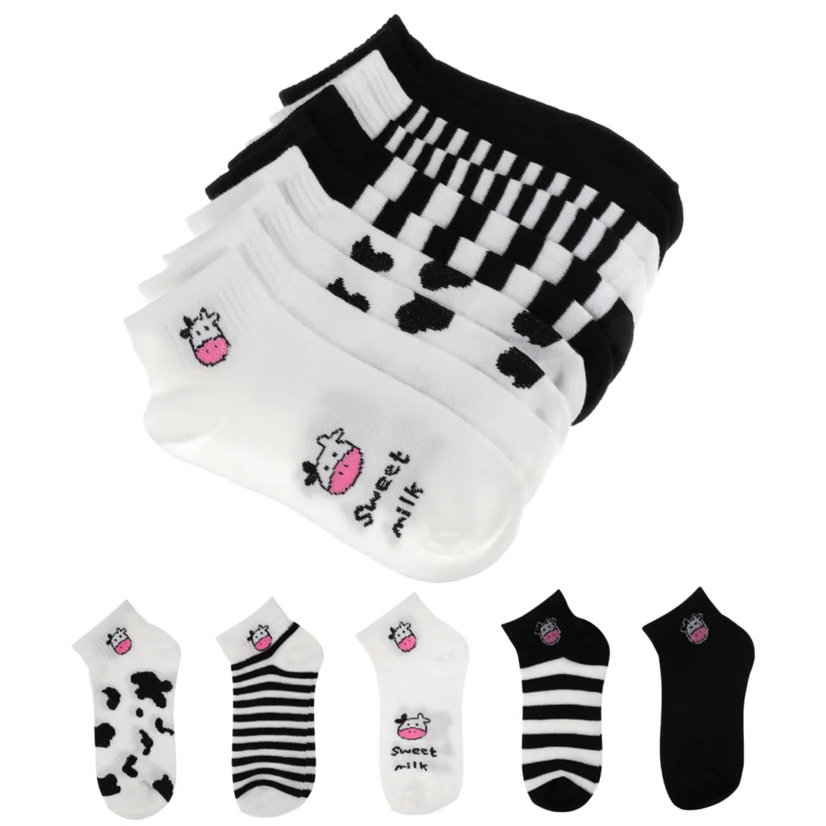 Beaupretty Calcetines Cortos De Vaca Negros y De Algodón, 5 Pares, Transpirables y Elásticos Para Mujer, Uso Diario y Verano, Diseño Cómodo Deformación