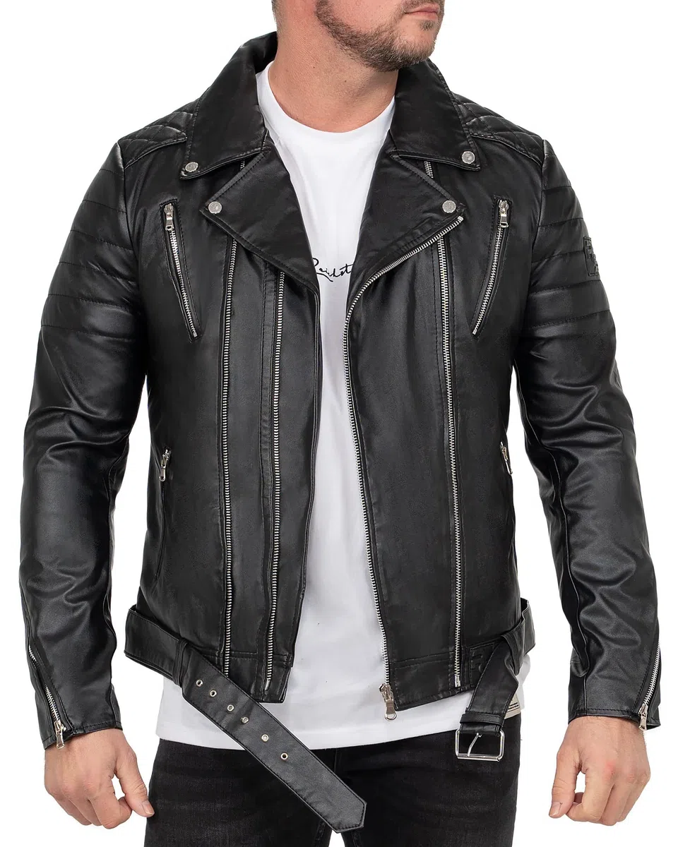 Reichstadt Chaqueta Hombre Cuero Sintético Biker Bomber Cuello Alto | Detalles con cremalleras, bolsillos laterales, forro interior, estilo urbano, entretiempo, paseo, ocio y uso diario