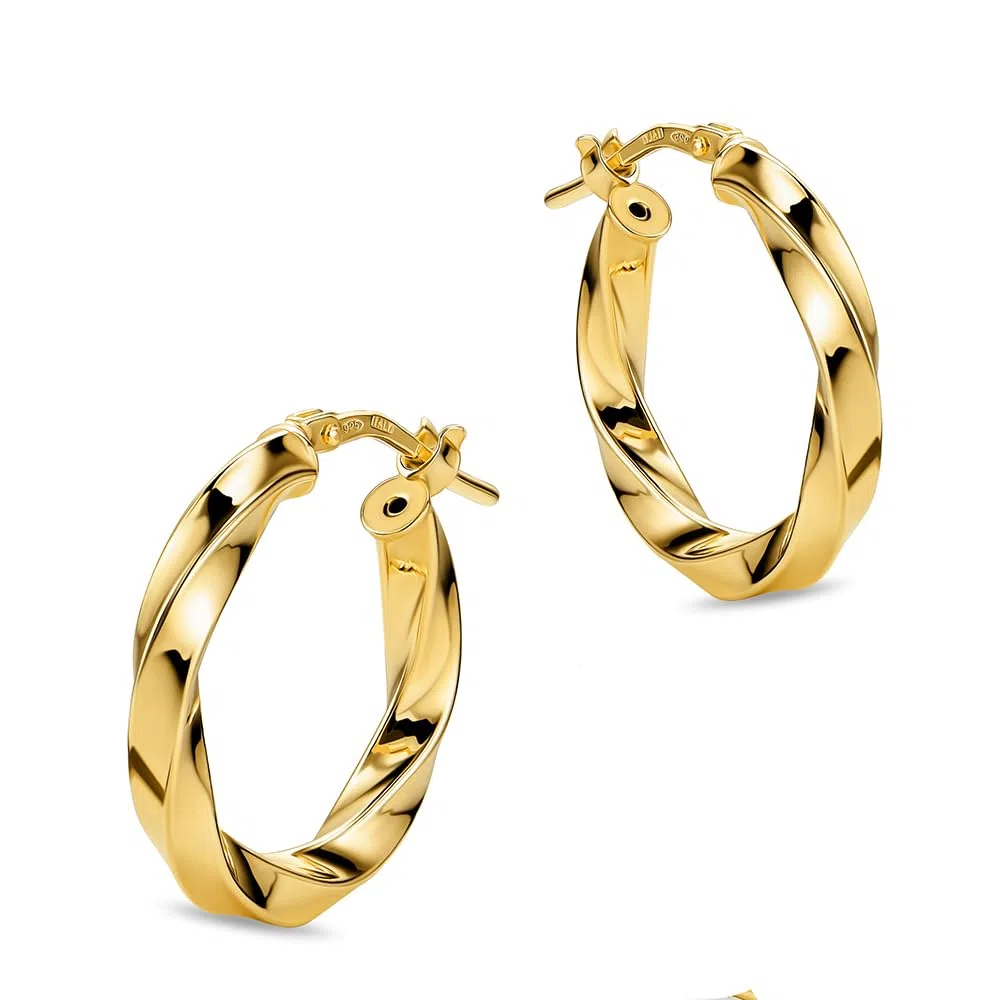 Orovi Pendientes de aro para Mujer Plata de ley 925 bañada en oro de 18 quilates Pendientes dorados con diseño a torciglione de 15mm Cierre de bisagra Fabricado en Italia Entregado en Joyero