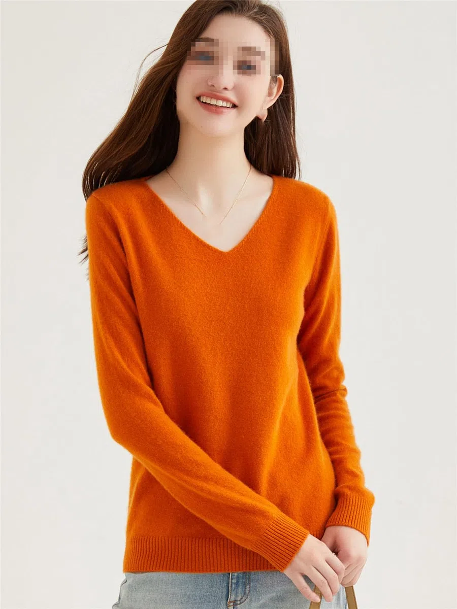 Suéter De Cachemira con Cuello En V para Mujer Jersey Básico De Cachemira Tops De Punto De Manga Larga De Lana