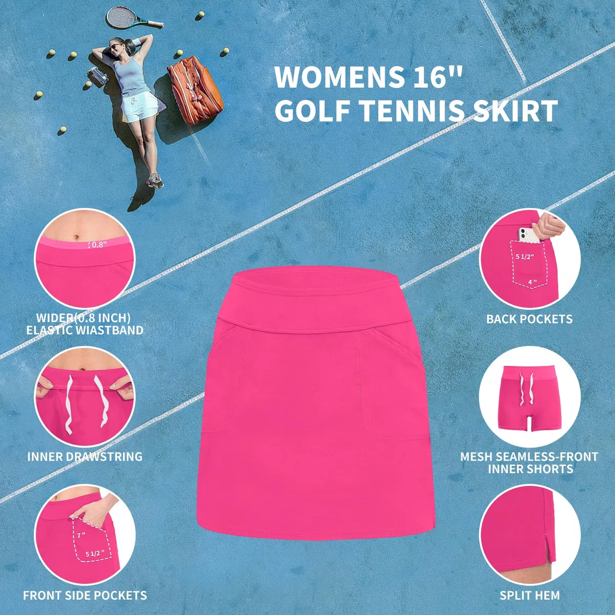 M MOTEEPI Falda de golf de 16 pulgadas para mujer, falda de tenis con 4 bolsillos de cintura alta, faldas atléticas