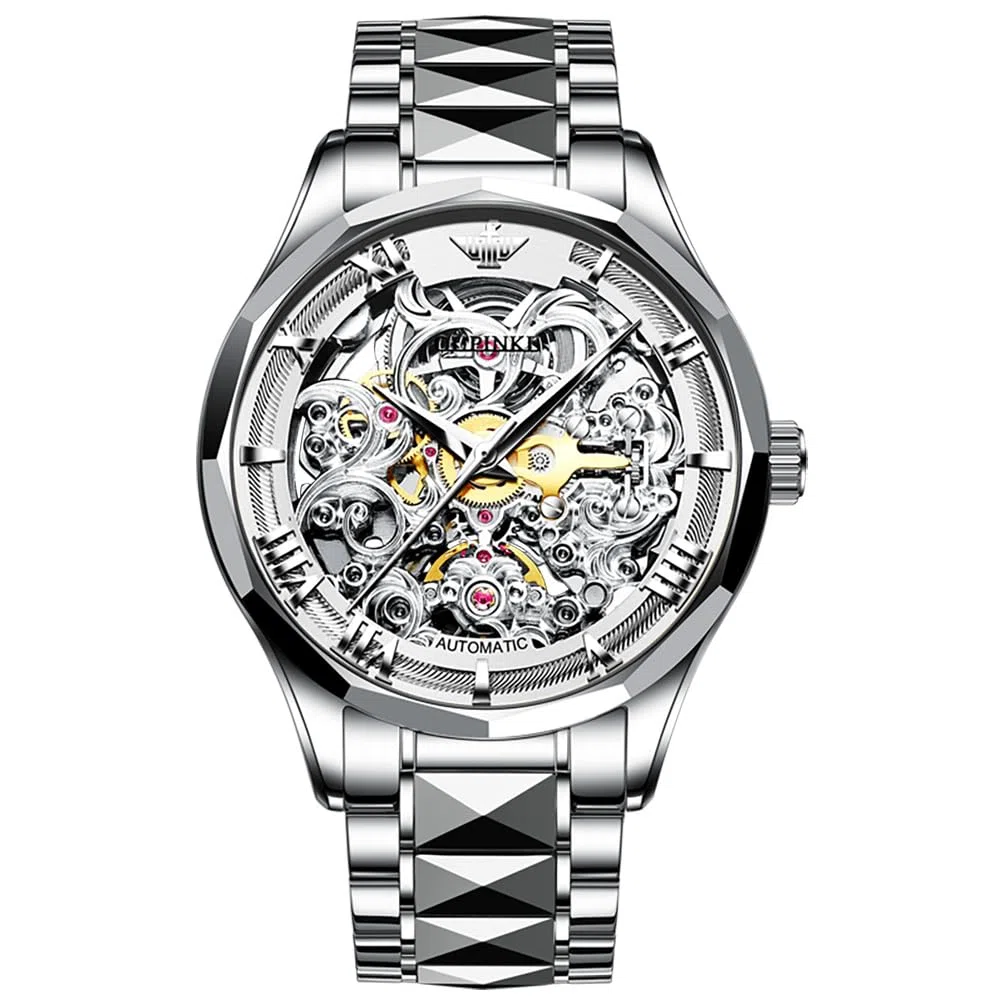 OUPINKE Reloj automático para hombre, diseño de esqueleto, de lujo, mecánico, impermeable, luminoso, acero inoxidable, espejo de cristal de zafiro