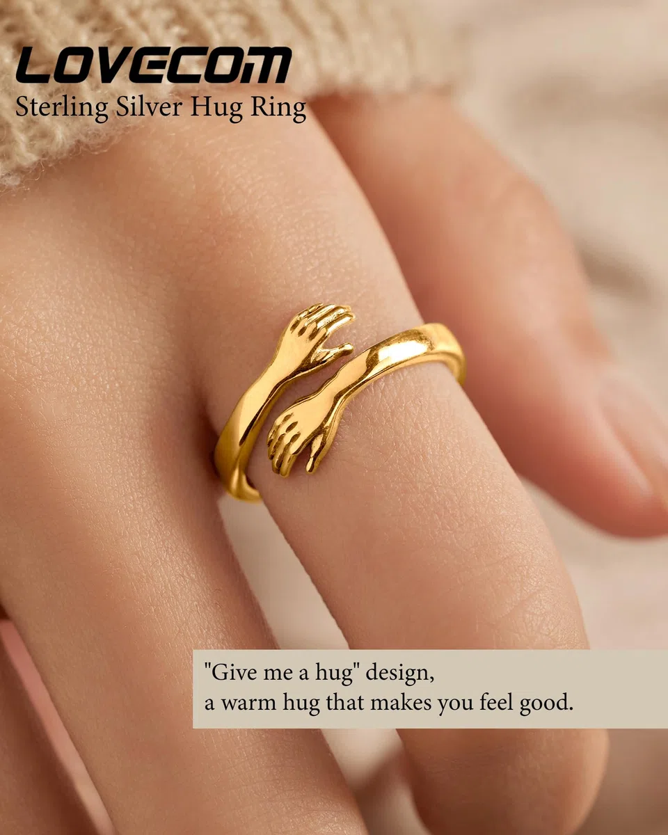 LOVECOM Anillos de plata de ley S925 para mujer, ajustable, abrazando, con manos de esperanza, anillo de amistad, joyería de cumpleaños, regalos de graduación para mamá, esposa, hija, abuela, amigos