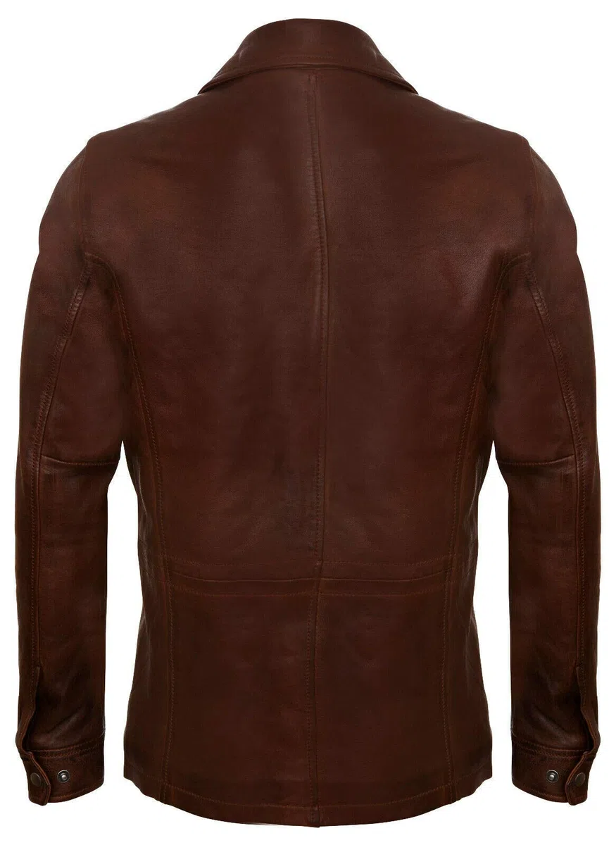 Infinity Leather Abrigo Casual Impermeable para Hombre de Cuero Marrón Claro con Múltiples Bolsillos