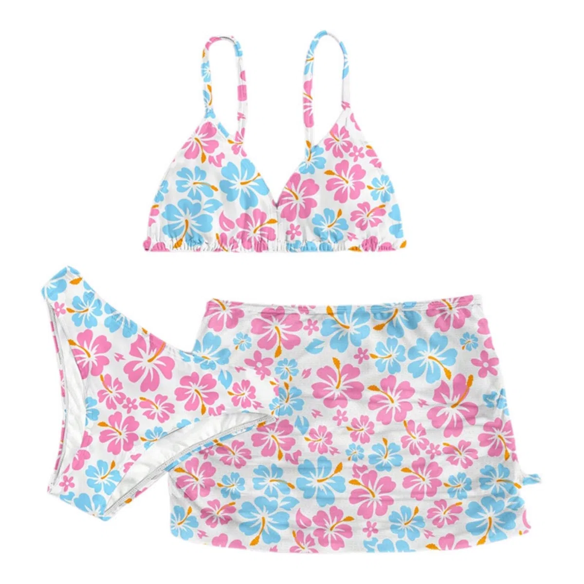 Traje de baño de triángulo para niñas con falda para niños y niñas, traje de baño de 3 piezas, con estampado floral, parte superior, calzoncillos con volantes, falda de verano, conjunto de trajes de