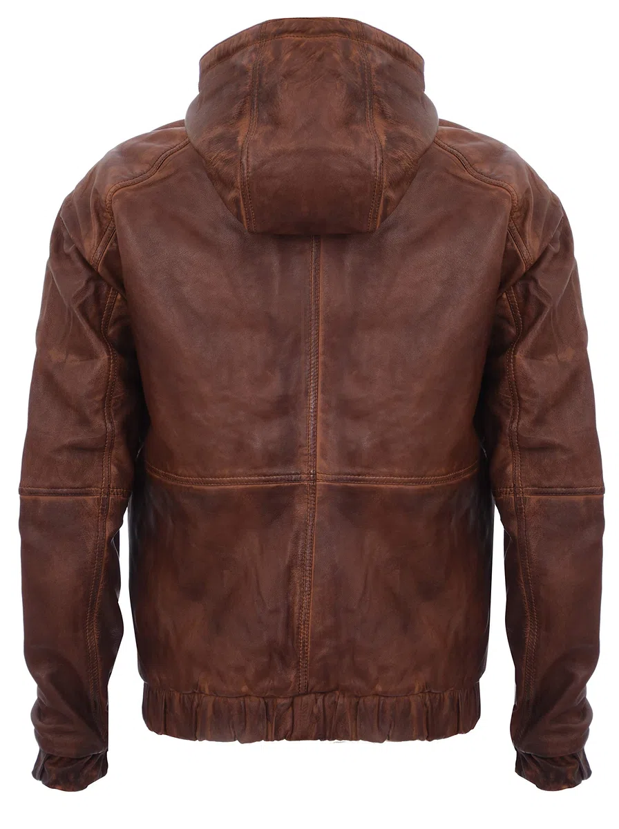 Infinity Leather Chaqueta Motera de Cuero con Capucha de Marrón Oscuro y Capucha de los Hombres.