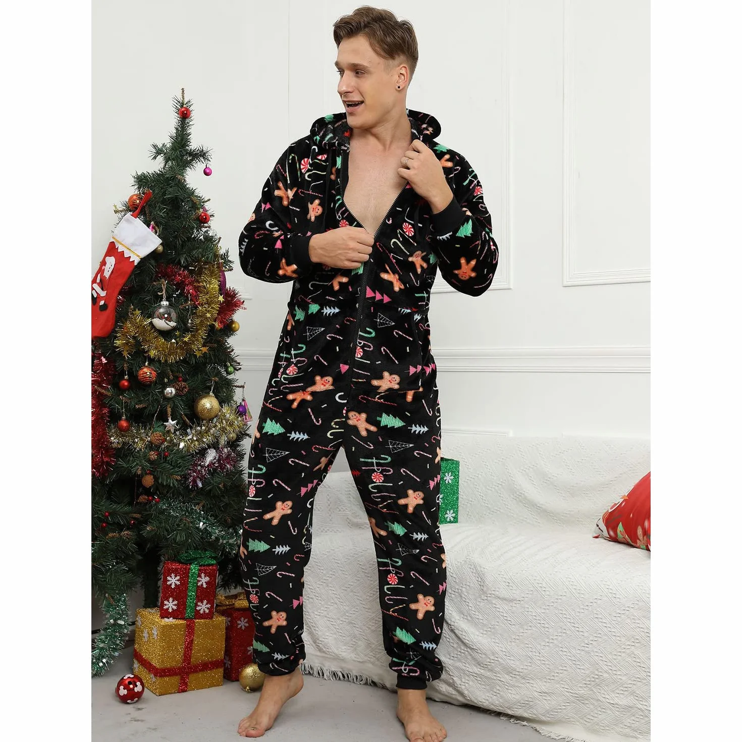 Pijama Navidad Una Pieza Hombre Franela Pijamas Mono Entero con Capucha Manga Larga Invierno Calentito Jumpsuit Adulto Onesie Ropa de Casa Dormir Caramelo de Navidad Negro M