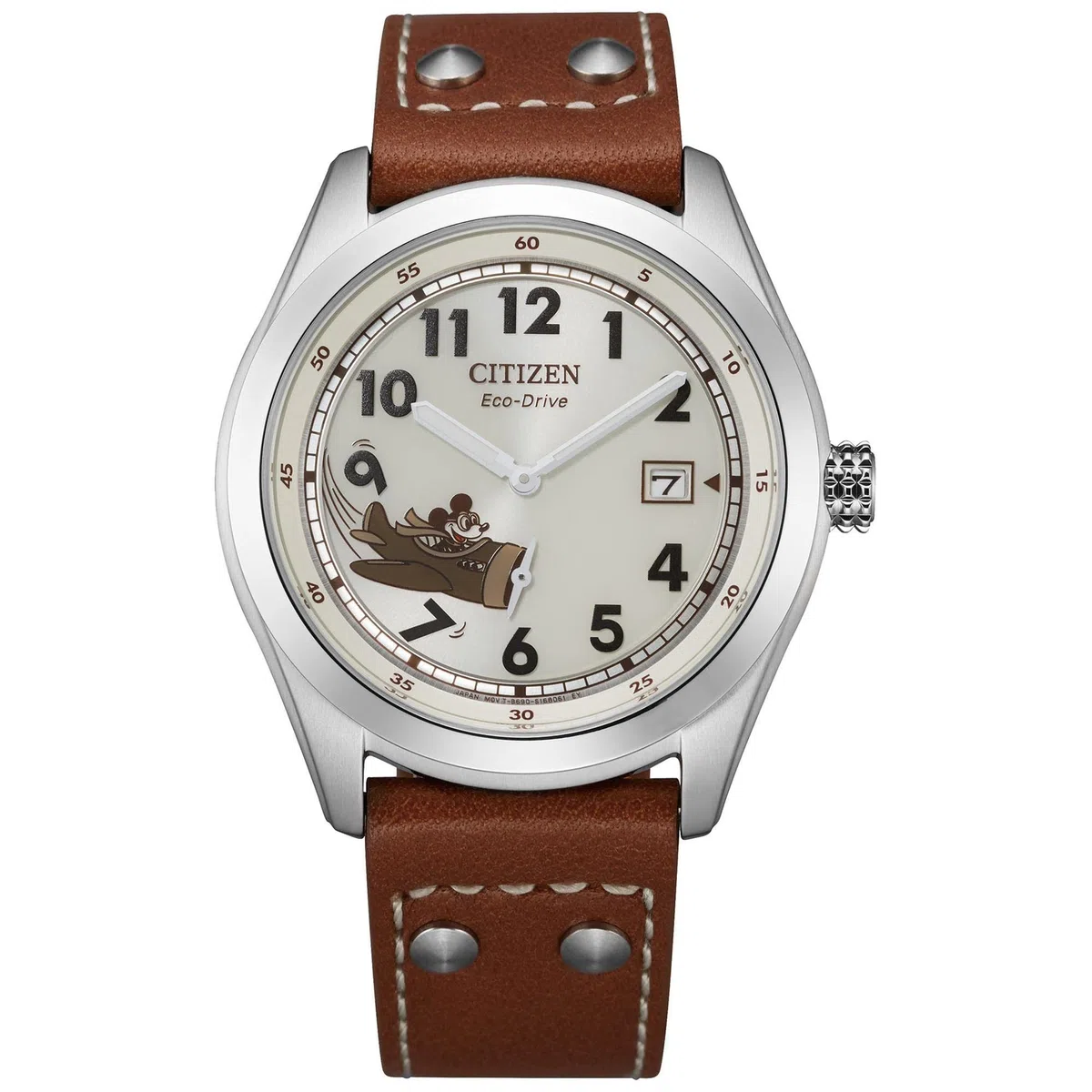Citizen Eco-Drive - Reloj de Aviador de Mickey Mouse de Disney para Hombre, Acero Inoxidable con Correa de Cuero marrón, Fecha de 3 manecillas, 40 mm (Modelo: BV1088-08W)