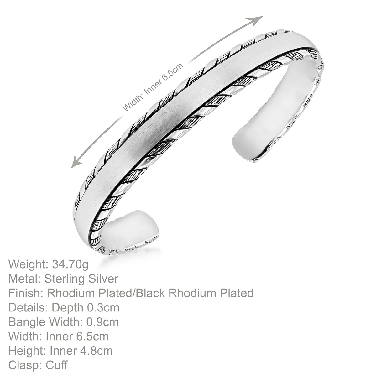 Tuscany Silver Brazalete de plata de ley chapado en rodio mate cepillado y trenzado para hombre, talla única, Plata chapada en rodio