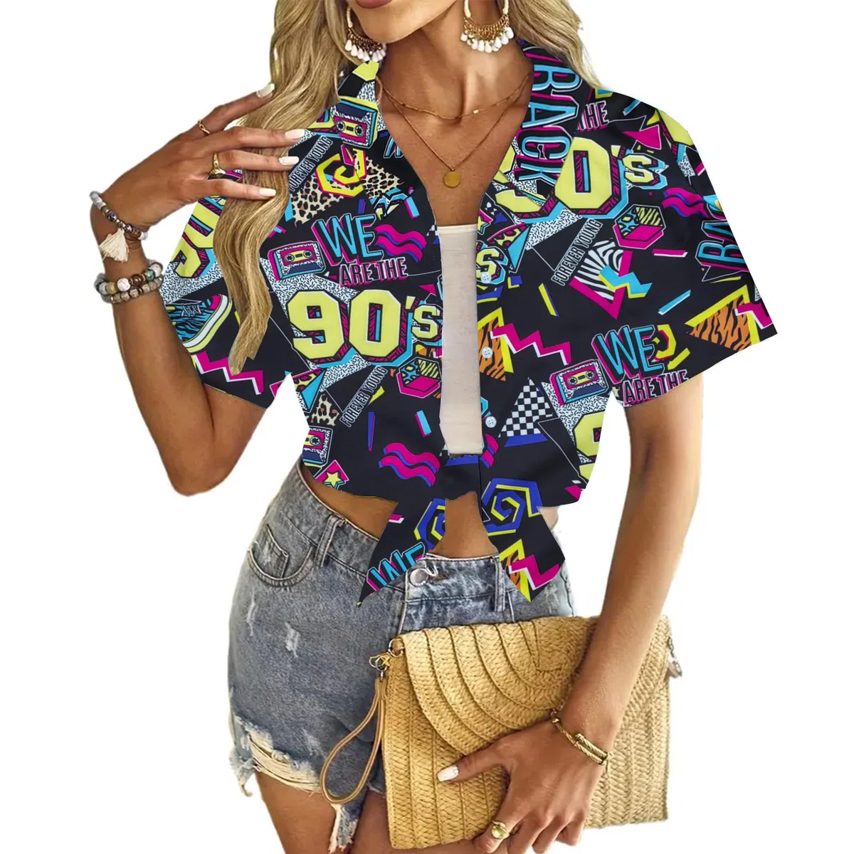 Trajes de los años 80 y 90 para mujer, camisa temática de fiesta de los años 80, camisa hawaiana con botones, camiseta retro de discoteca de neón | Disfraz retro de neón de los años 80, blusa hawaiana con botones